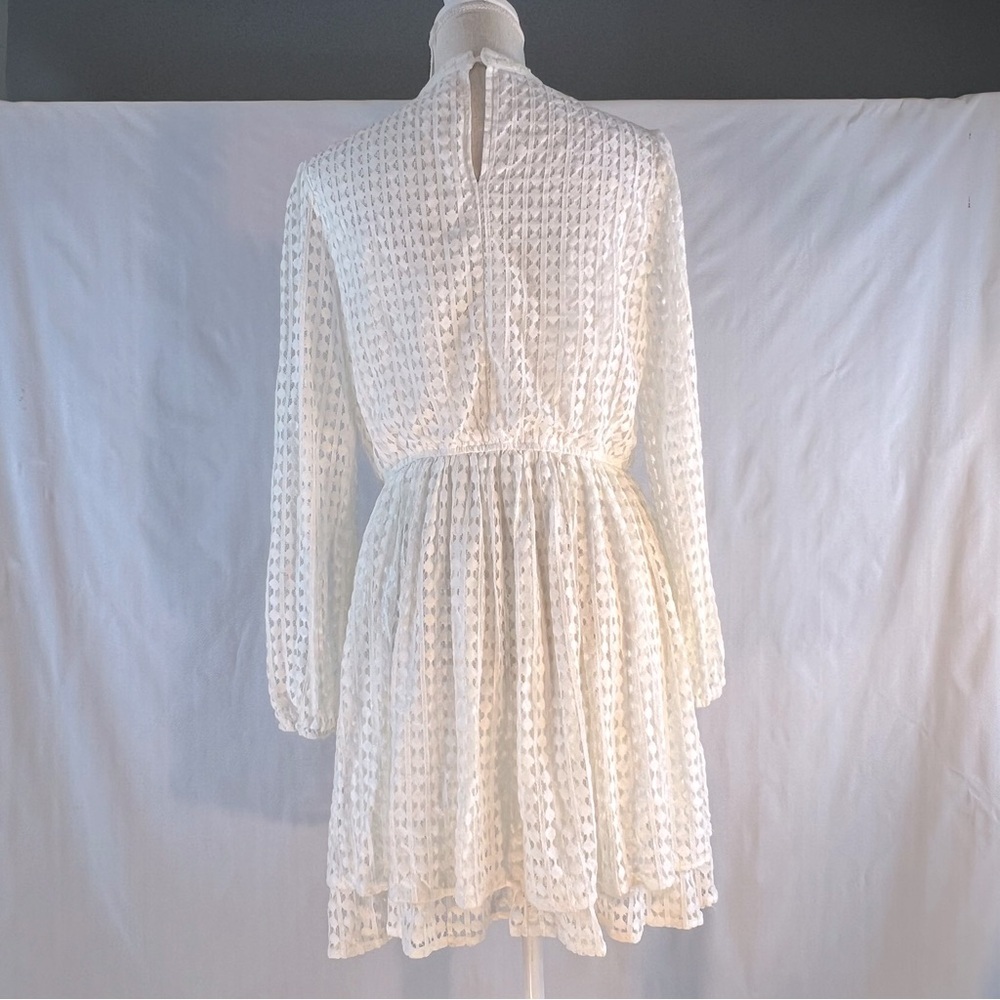 Mustard Seed Dress White Lace Tiered Hemline Shear Long Sleeves High Neck M👍 - Picture 6 of 9